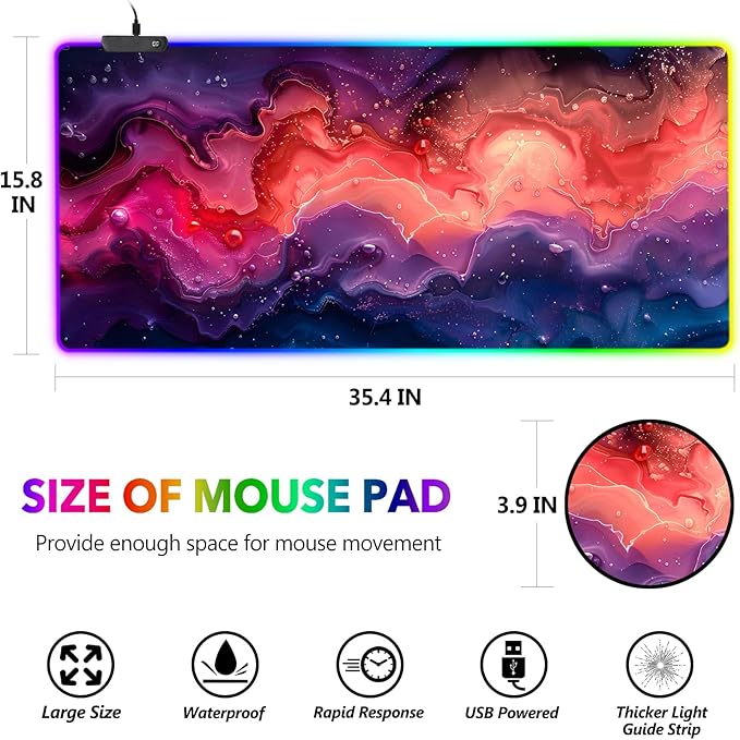 AIMSA Extra Large RGB Gaming Mouse Pad with 14 Light Modes, Extended LED Mouse Pad, Anti-Slip Rubber Base, Computer Keyboard Mousepad Mat, Abstract Purple Marble