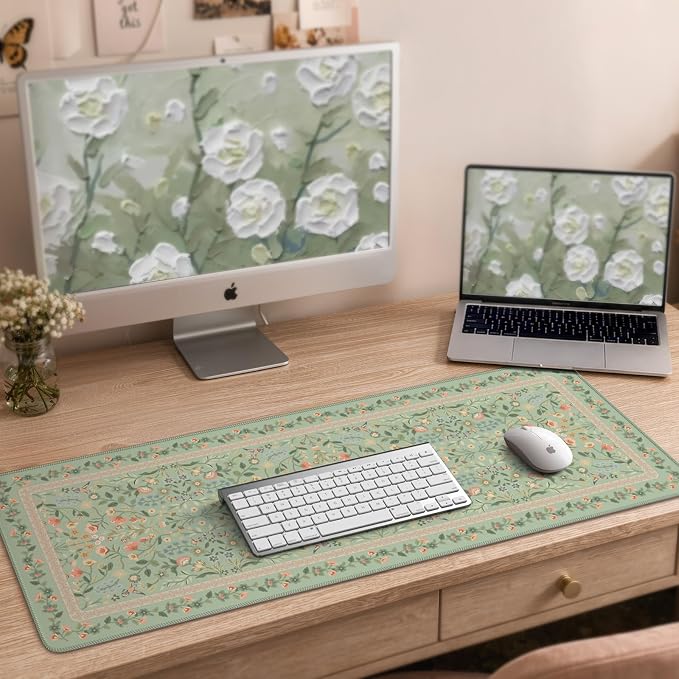 iCasso Aesthetic Floral Desk Mat,31.5x11.8in Mouse Pads,Light Green | Anti-Slip Mousepad with Stitched Edges, Waterproof Computer Pad, Desk Accessories Office Decor for Women