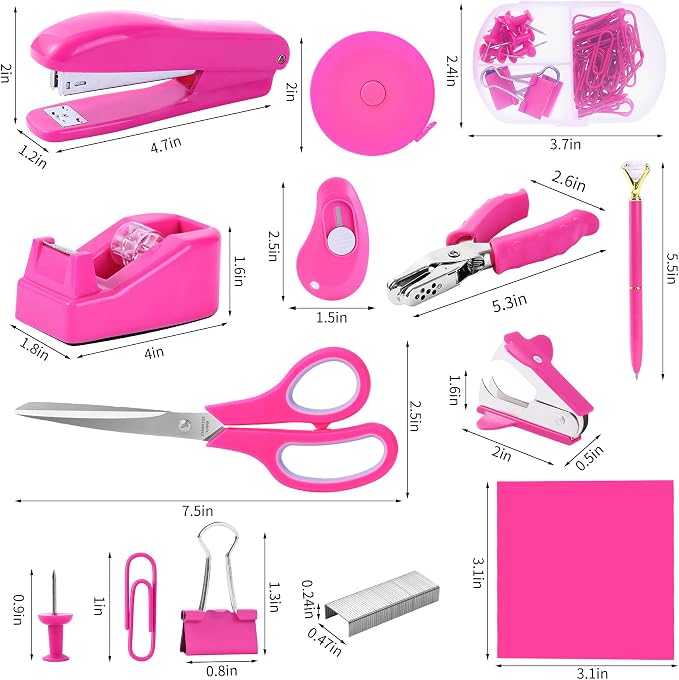 Hot Pink Desk Accessory Kit Cute Office Supplies Set Desktop Stapler Set Includes Staple Remover Hole Punch Tape Dispenser Ballpoint Pen Scissor Mini Box Cutter Tape Measure Paper Clips Sticky Notes