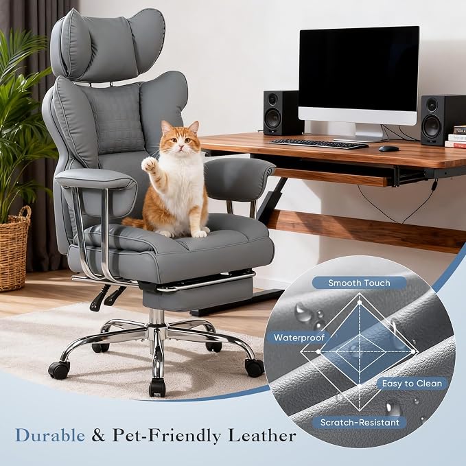 DUMOS Big and Tall Home Office Desk Chair, Executive Chair with Footrest | Scratch-Resistant PU Leather, Ergonomic Reclining, Pocket Spring Support, 400 LBS Weight Capacity, Grey