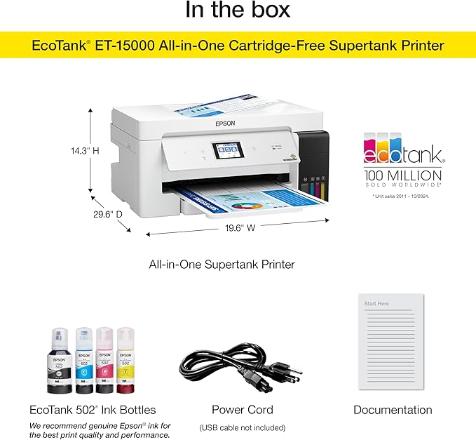 Epson EcoTank ET-15000 Wireless Color All-in-One Supertank Printer with Scanner, Copier, Fax, Ethernet and Printing up to 13 x 19 Inches, White