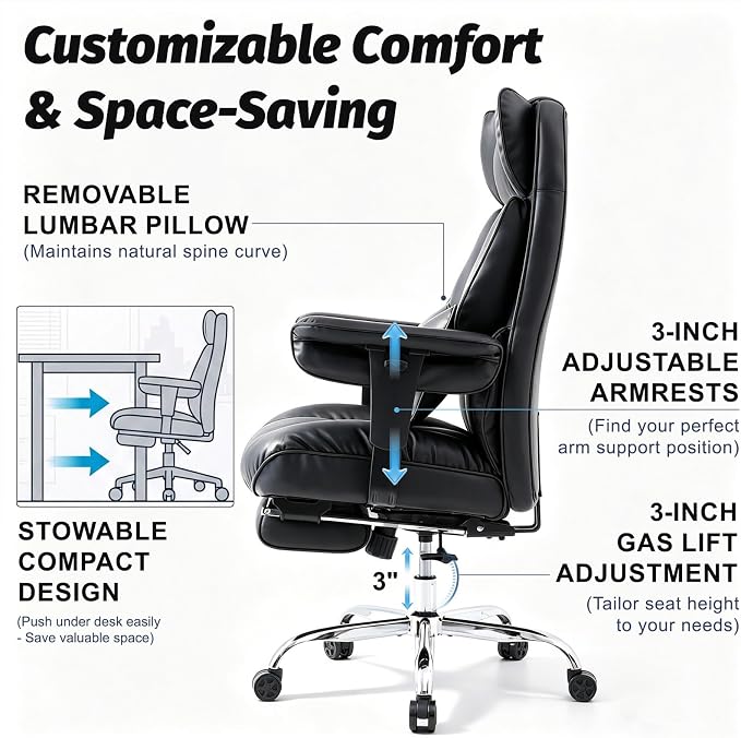 Efomao Executive Office Chair 400lbs, Black Big and Tall Desk Chair | Mattress-grade pocket spring cushion, sleek leather, 135° recline & footrest for computer gaming setup.