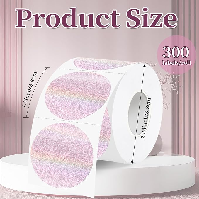 1.5 Inch Thermal Labels,Holographic Circle Direct Thermal Stickers,for Address Design DIY Logo Business(300 pcs/Pink dots)