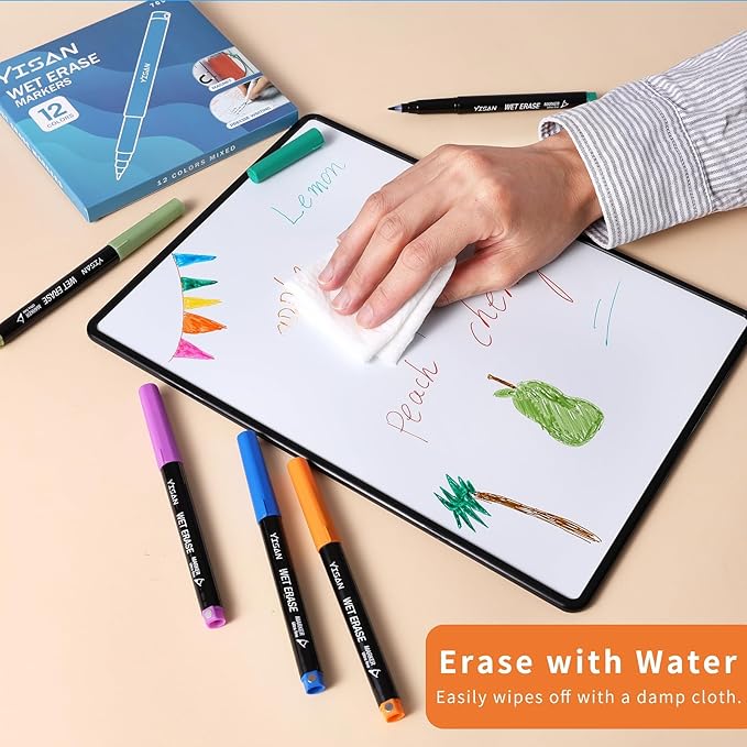 YISAN Ultra Fine Tip Magnetic Wet Erase Markers, 0.7mm Low Odor, 12 Assorted Colors for Whiteboard Use in Office, Home or Planning Board,70580