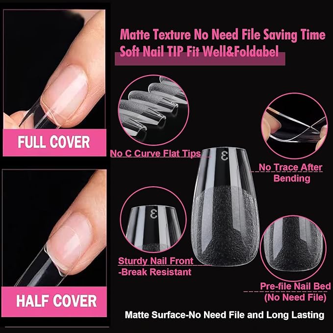 UNA GELLA Short Coffin Nail Tips 12 Sizes Short Coffin Gel Nail Tips 120Pcs Long Lasting Soft Gel Nails Tips Clear Full Cover Nails Tips Acrylic False for Nail Extension DIY Salon