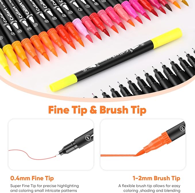 Caliart 72 Colors Double Tip Brush Pen Art Markers for Adult Coloring Books | Artist Fine & Brush Coloring Markers for Journaling Calligraphy Lettering Planners Drawing Teacher Office Art Supplies