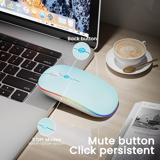 LED Wireless Mouse A100S Rechargeable Portable Silent Mouse with Optional USB and Type-C Receiver 3-Speed Adjustable DPI for PC/Mac/Laptop (Frosted Blue)