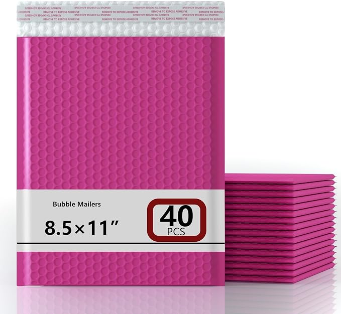 8.5x11 Inch Bubble Mailer 40 Pack, Waterproof Padded Envelopes with Strong Self-Seal Adhesive, Cushioning Shipping Bags with Bright Color for Small Business - Rose Red