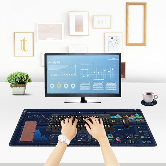 ToLuLu Extended Gaming Mouse Pad, Memory Foam Ergonomic Keyboard Mouse Wrist Rest Support Set, Large Desk Mat with Stitched Edges, Non-Slip Base Mousepad for Home Office and Game, Stock Market
