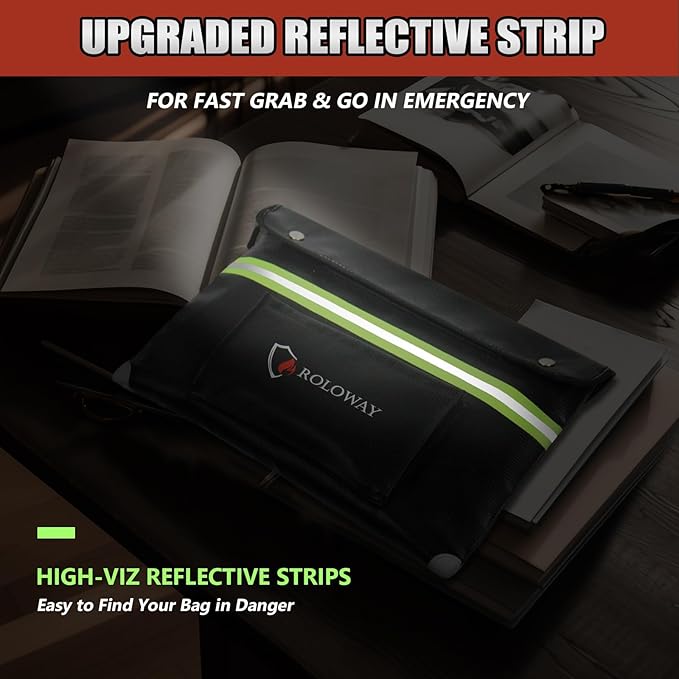 ROLOWAY Upgraded Fireproof Document Bag (14.5 x 11.5 inch) with 6400℉ Aluminum Foil Layer, Fireproof Safe Bag for Documents with Front Pocket and Reflective Strip