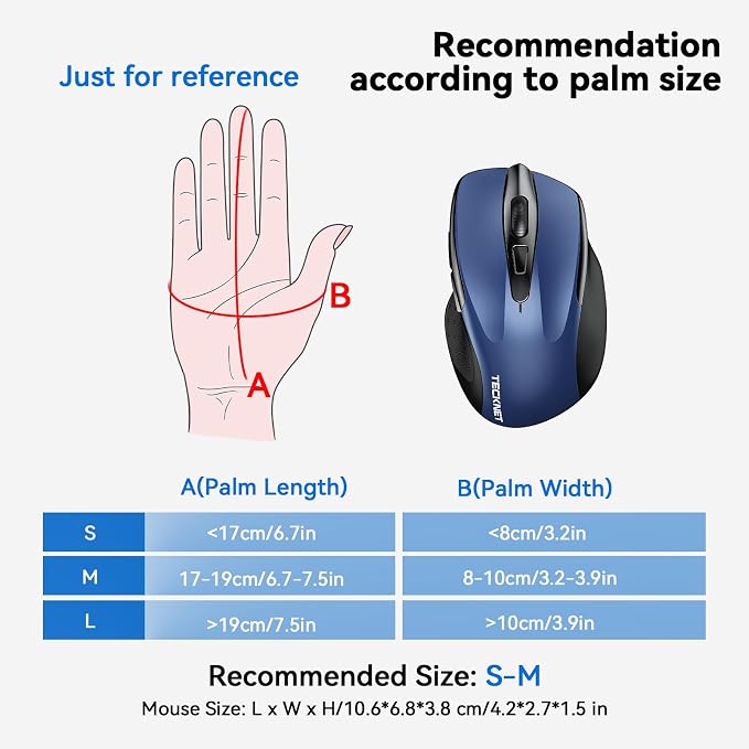TECKNET Wireless Mouse, BT 5.0/2.4G, Silent 4800 DPI 6 Buttons, Blue | Bluetooth 5.0/3.0 & USB A, 2-Device Easy Switch, Wide OS Compatible, 6-DPI, Ergonomic for S/M Hands, Extended Battery