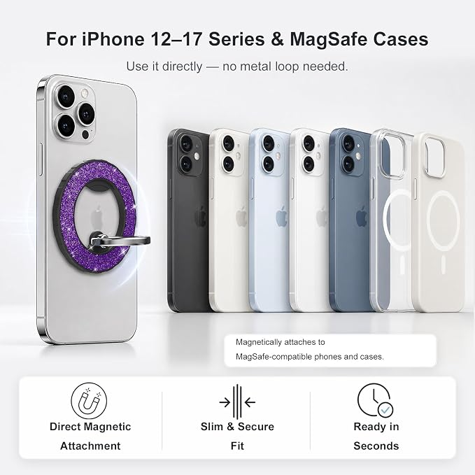 Magnetic Phone Ring Holder for MagSafe, Glitter Magnetic Grip | For iPhone 17 16 15 14 13 12 Pro Max,Pro,Plus,Mini, Pixel 10 Series Mag Safe Accessories,Adjustable Kickstand,Black+Purple