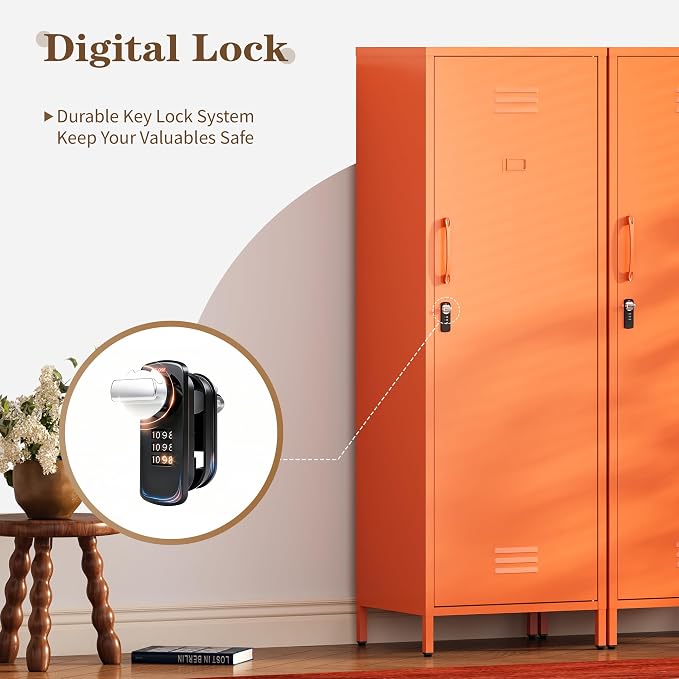 Metal Locker Storage Cabinets 59.06"H Orange Locking File Cabinets Kitchen Food Pantry Cabinet with 2 Doors and Shelves for Dining Room, Living Room,Bathroom Office,Home,Garage, Gym, School
