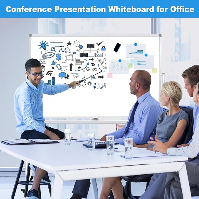 Double-Sided Dry Erase Board with Stand 36"x24", Magnetic Mobile White Board Rolling Whiteboard on Wheels Drawing whiteboard with Stand for Kids & Adults, 2 Eraser, 10 Markers, 12 Magnets
