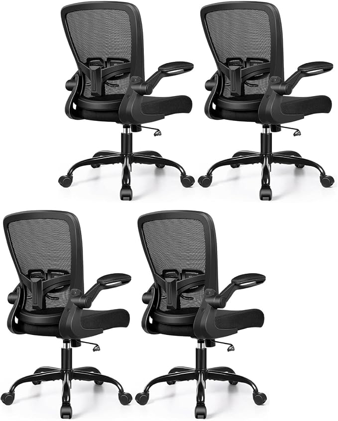 FelixKing Office Chair, Ergonomic Comfy Desk Chair with Flip-up Armrests | Adjustable Height, 360°Swivel, Flexible Tilt, Breathable Cushion and Fabric, Lumbar Support for Home Office, 4 PCS
