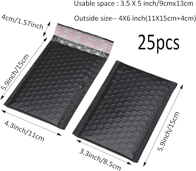 25 Pack 4x6 Inches Small Black Poly Bubble Lined Mailers Padded Shipping Envelopes Self Seal Mailer Waterproof, Shockproof and Dustproof (Black 4x6 Inches-25pcs)