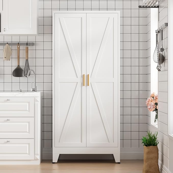 COFaR 5 Tier Metal Farmhouse Storage Cabinet with 2 Barn Door, 4 Adjustable Shelves and Legs, for Kitchen, Dining Room, Bathroom, Living Room, Office