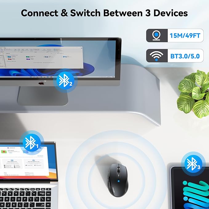 TECKNET Bluetooth Mouse, 4800 DPI Wireless Mouse, 2-Year Battery 6 Adjustable DPI, 6 Buttons Compatible with Laptop/Windows/Computer - Grey