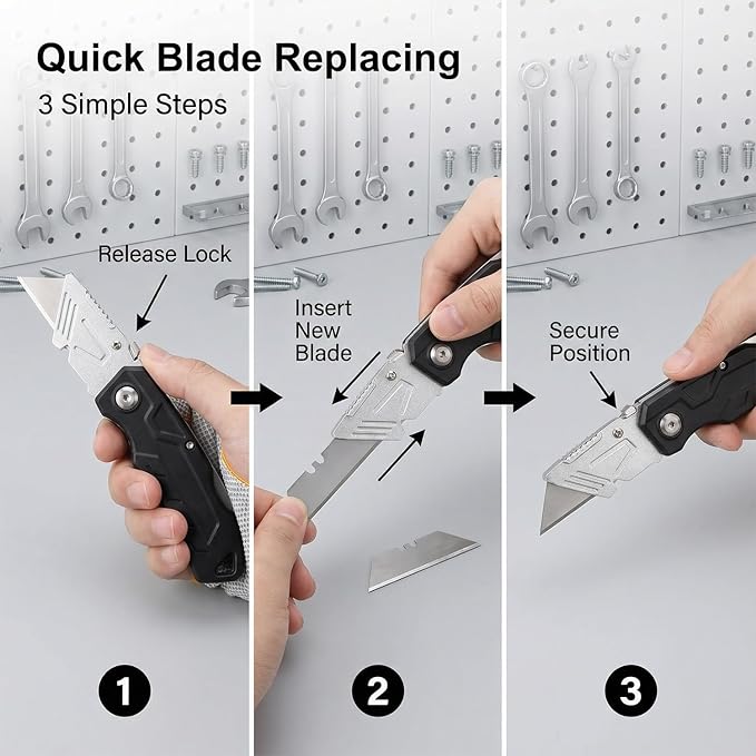 (2-Pack) Box Cutter with 10 Extra Blades, Heavy Duty Folding Utility Knife for Cardboard, Carton, Carpet Cutting, Anti-slip ABS Handle, Quick Replace Blade