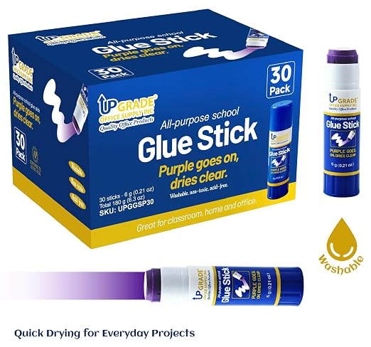 Upgrade Office Supply Glue Sticks, 6g, 30 Count, Purple Goes On Dries Clear | Acid-Free, Washable Non Toxic, for Classroom, Office, Art, Craft and Poster Projects