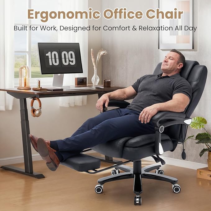 650lbs Big and Tall Office Chair Support for Heavy People,Reclining Executive Office Desk Chair with Foot Rest,Ergonomic High Back PU Leather Computer Chair with Adjustable Lumbar Support,Black
