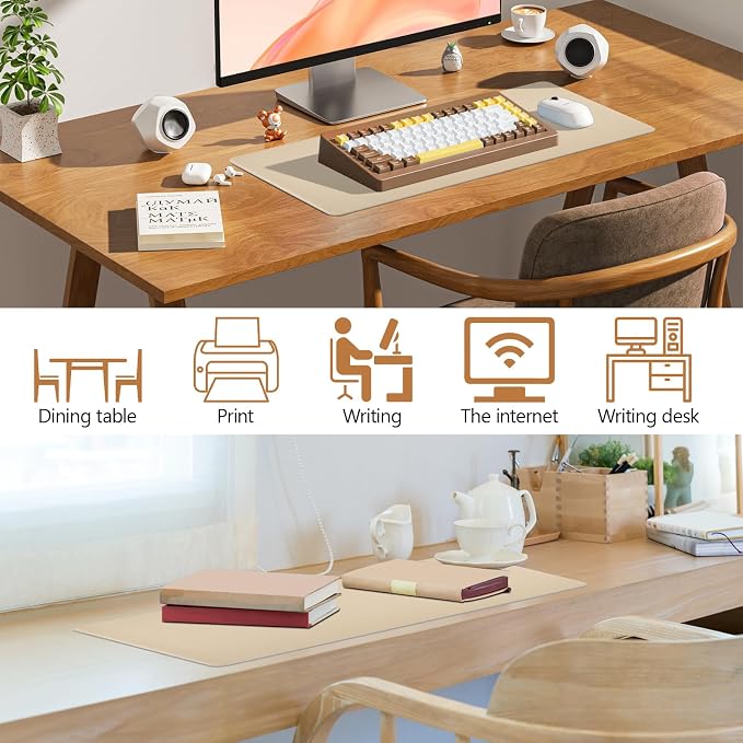 Beige Leather Desk Pad Large Mouse Pad, 23.6"x13.8" | Waterproof Desk Mat for Keyboard and Mouse, Non-Slip Computer Desk Protector, Smooth Mouse Control for Home Office
