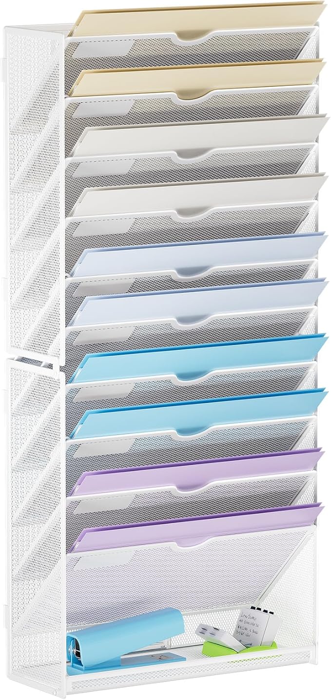 Marbrasse Wall File Holder 11-Tier Hanging Wall File Organizer, for Papers, Files Clipboard & Magazine Organizer, Wall Mount File Holder Great for Office Home (White)