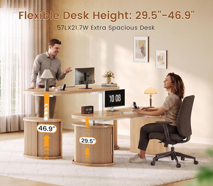 SEDETA 57" Standing Desk with Storage, Electric Height Adjustable Executive Fluted Desk with Curved Cabinets, Computer Desk with Power Strip for Home Office, Light Oak