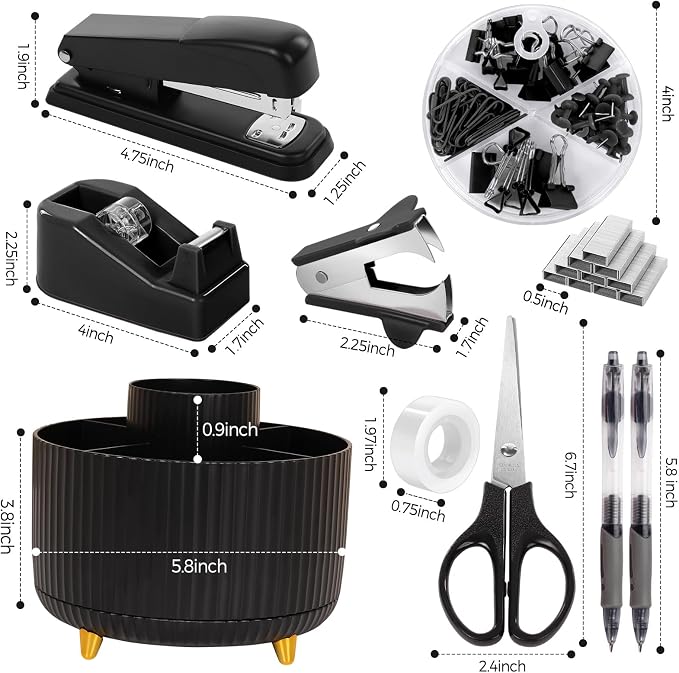 SKYDUE Black Office Supplies with Pencil Holder,Desk Accessories 11PCS | Office Desk Accessories Included Stapler with Staples, Staple Remover,Tape Dispenser, Binder Paper Clips Kit,Scissor, Pens