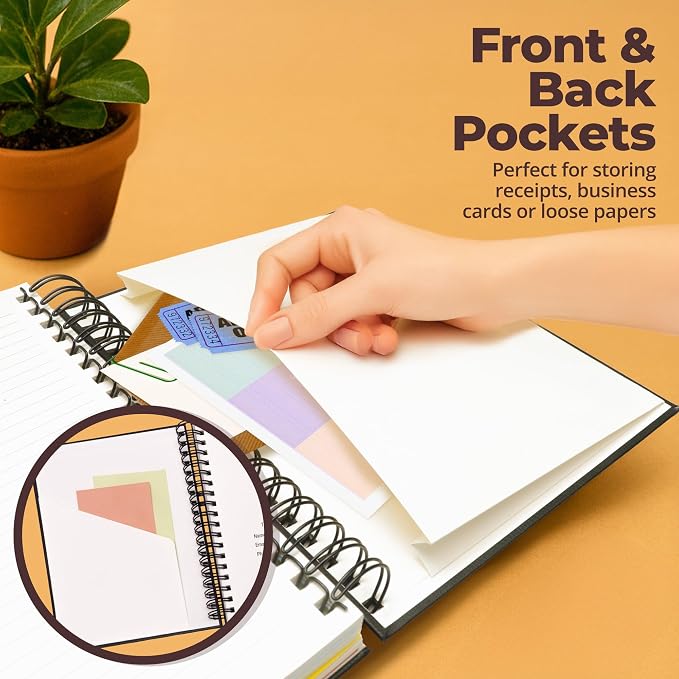 Hardcover Lined Spiral Notebook with Removable Dividers Leather Bound Black | 8x10" 300 Pages College Ruled 5 Subject Notebook for Work - with Tabs, Pockets, and Pen Loop for Note Taking, Large Journal
