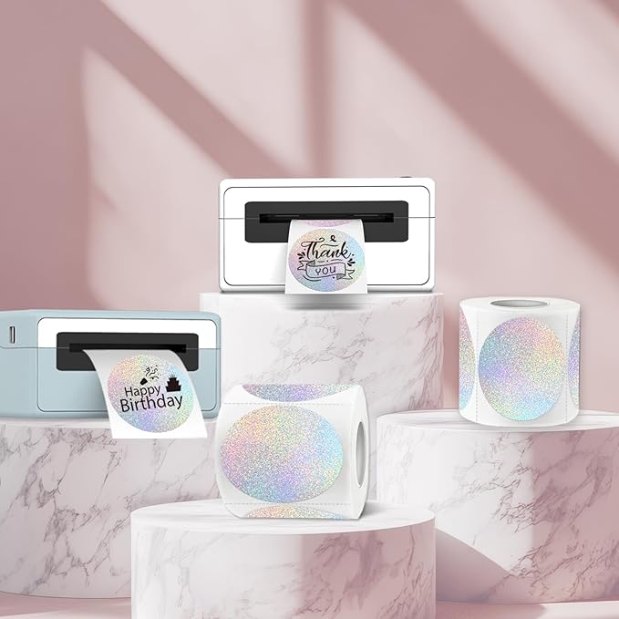 3 Inch Holographic Thermal Labels,Round Thermal Printer Labels,Waterproof Thermal Printer Stickers for DIY Logo Design,Name Tag,QR Code,Thanks Card 150 Labels/Roll (Small dots)
