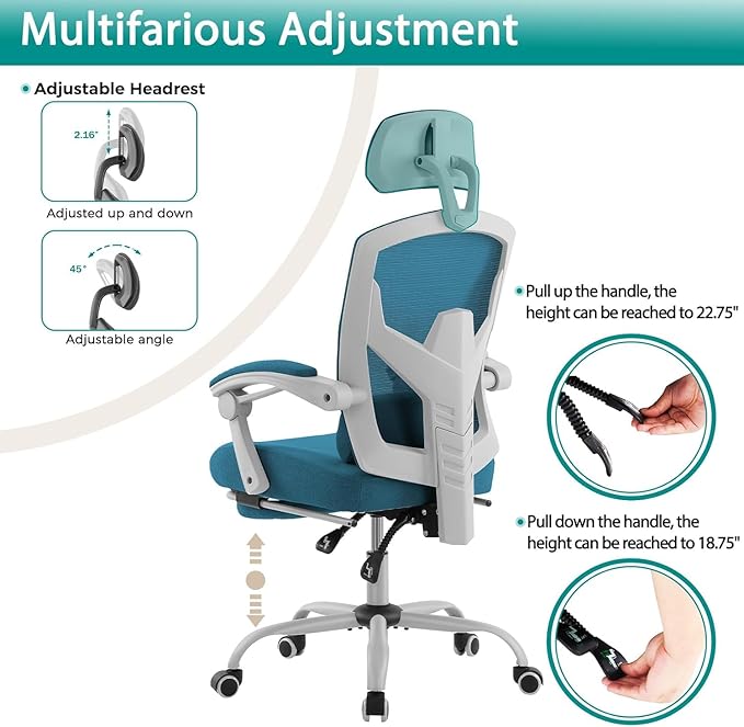 DUMOS Home Office Desk Chair with Footrest, High-Back Mesh Rolling Swivel Reclining Chairs with Wheels, Comfortable Headrest, Lumbar Support, Comfy Arms for Home, Office, Gaming, Student, Elegant Blue