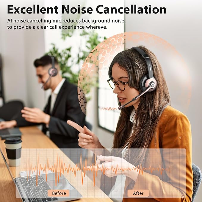 Bluetooth Headset, Wireless Headset with Noise Cancelling Microphone & Mute Function for Work, On Ear Wireless Headphones with USB Dongle & Charging Base for Work from Home Computer Office Call Center