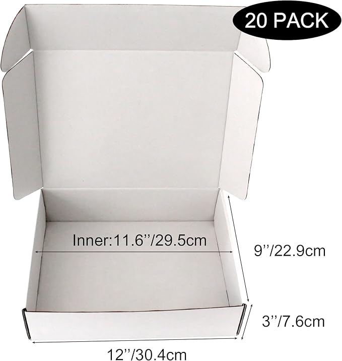 12x9x3 Shipping Boxes 20-Pack, White Corrugated Cardboard Boxes for Mailing, Shipping & Small Business Packaging