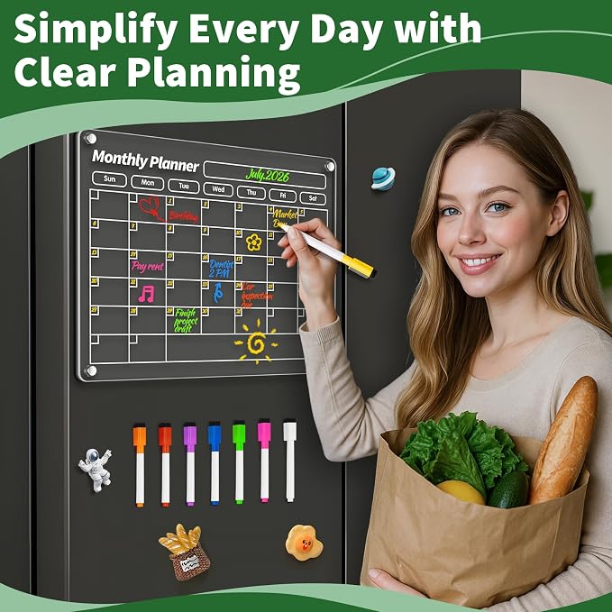 FINDMAG Magnetic Calendar, Fridge Magnets for Whiteboard Dry Erase, 2 Pcs | Acrylic Calendar for Refrigerator, Kitchen Clear Monthly and Weekly Planner Fridge Magnets with 8 Colors Markers