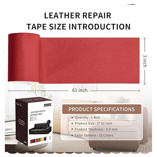 Leather Repair Patch Tape, Red 3 x 61 Inches Self Adhesive Leather Repair Kit for Furniture, Car Seat,Vinyl Leather Repair Kit for Office Chairs, Couch, Sofa, Luggage