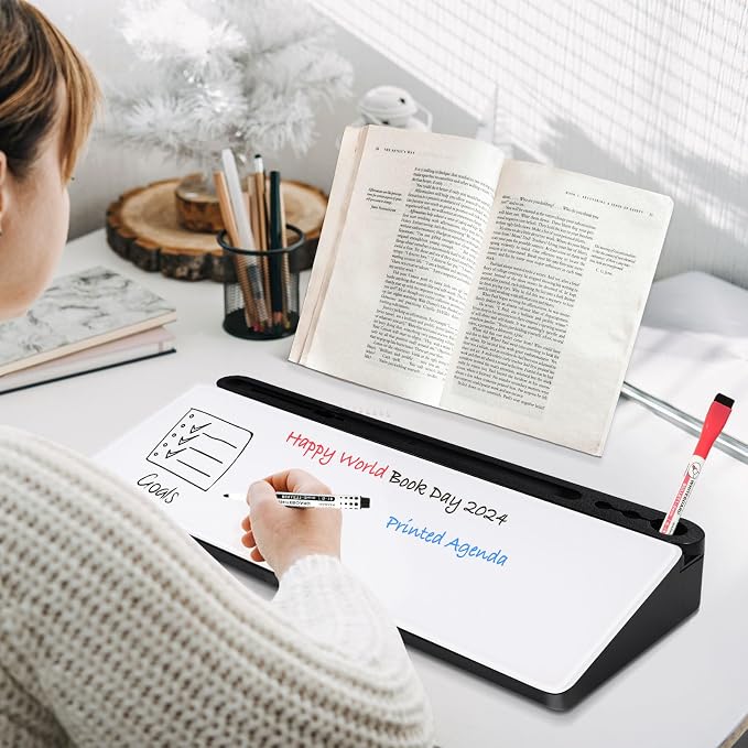 DOLLAR BOSS Glass Desk Whiteboard Small Dry Erase Board, Black | Desktop White Board with Storage Drawer, Computer Keyboard Stand, Desk Organizer, Office Supplies, With Markers, Eraser