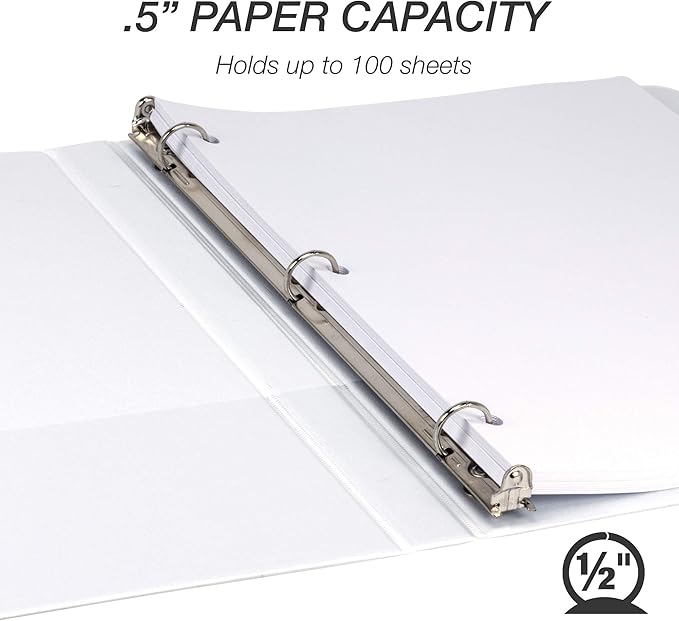 Samsill 8 Pack Durable 0.5 Inch 3 Ring Binders, Round Ring, Clear View Cover for Presentations, White