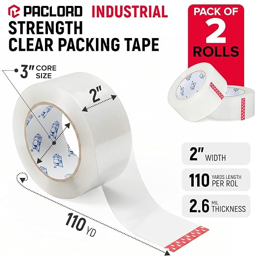 2" x 110 Yards Clear Packing Tape, Pack of 2 | Heavy-Duty 2.6 Mil Thick Carton Sealing Tape with Industrial Strength Adhesion for Packaging, Moving, or Shipping Boxes