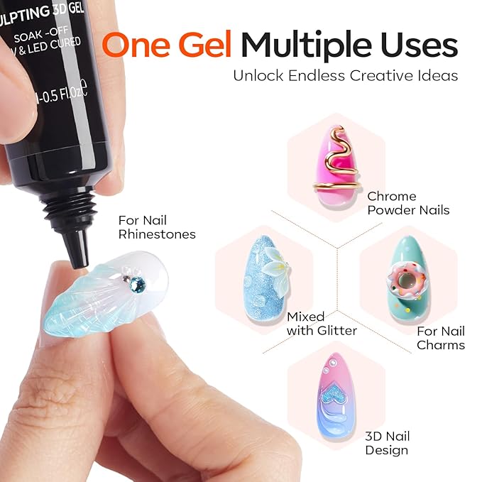 modelones 2Pcs Clear 3D Gel Nail Art, Sculpting Molding Builder Gel Nail Glue for Charms Gems Chrome Powder Rhinestone No Wipe Squeeze Tube DIY & Salon Use