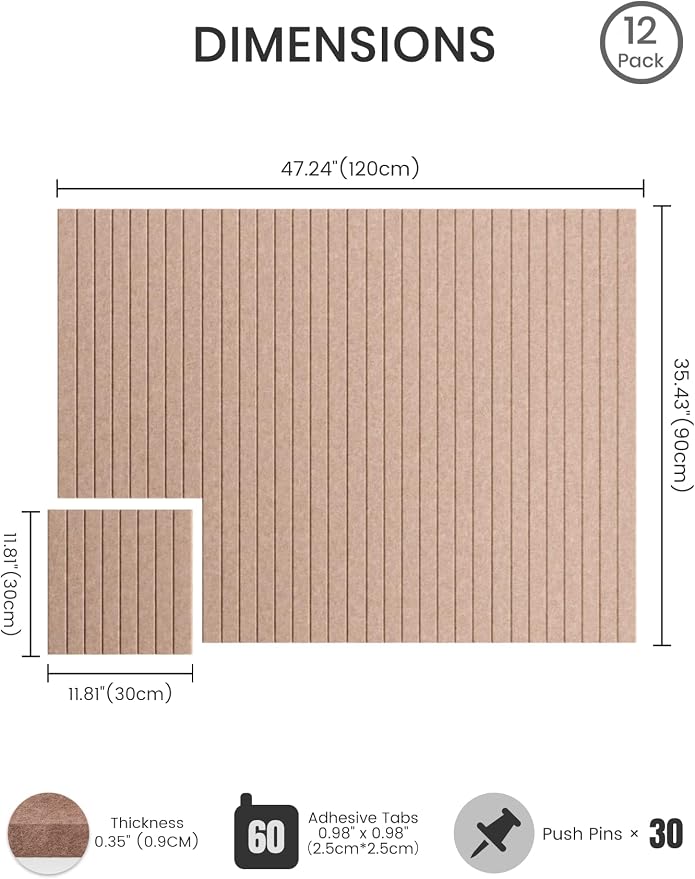 Bumusty 48"x 36" Large Felt Bulletin Board Tiles, Terracotta | 12-Pack Cork Board Alternative, Wall Decor, 30 Pushpins, 60 Adhesive Tabs, Vision Board, Office, Classroom, Home, Dorm