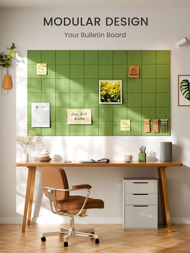 Bumusty Large Felt Bulletin Board, 36" x 24" Cork Board Alternative, 6-Pack Wall Tiles with 4-Compartment Design, 30 Push Pins, 40 Adhesive Tabs, Ideal for Office & Home Decor, Kelly Green