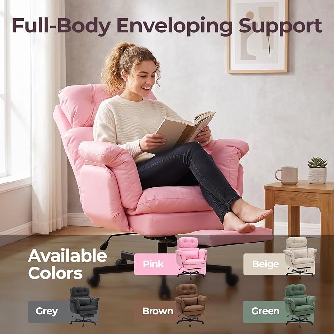 Criss Cross Office Chair with Foot Rest, Big and Tall Office Desk Chair with Flip Armrests for Pets & Cross Legged Sitting, Comfy Executive Ergonomic Reclining Computer Gaming Vanity Chair, Pink