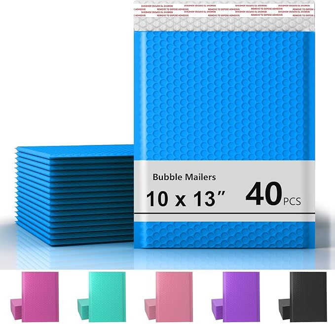 10 x 13 Inch Bubble Mailer 40 Pack, Waterproof Padded Envelopes with Strong Self-Seal Adhesive, Cushioning Shipping Bags with Bright Color for Small Business - Dark Blue