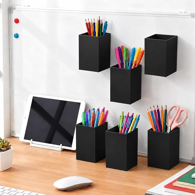 6 Pcs Classroom Magnetic Storage Boxes Acrylic Pencil Pen Holder Cup Storage Organizer Magnetic Dry Erase Marker Holder Containers for Whiteboard Refrigerator Locker Home Office School (Black)