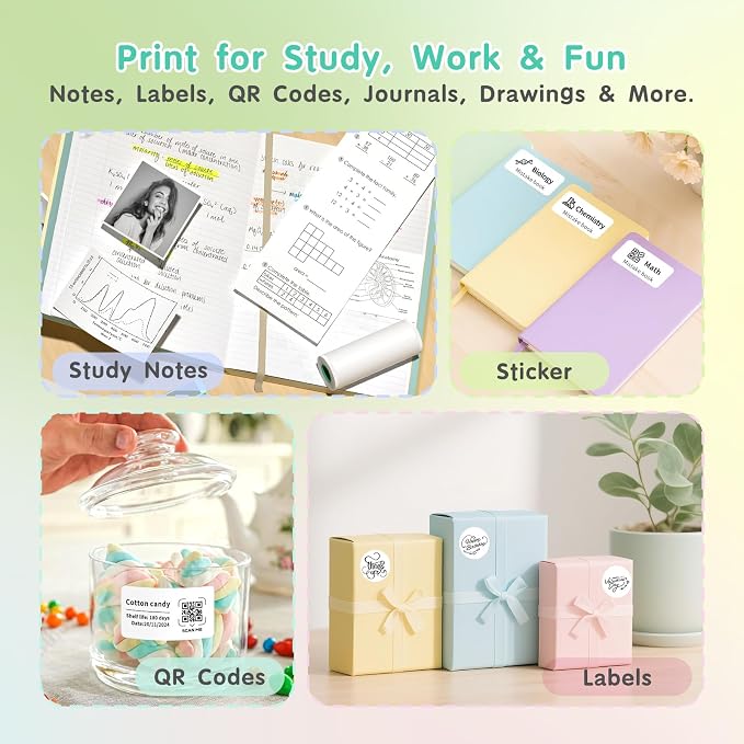 Gloryang JD-23 Sticker Printer, Mini Portable Thermal Printer Print Pod, Inkless Bluetooth Label Maker Machine for DIY Crafts, Journaling, Office & Home Use, Includes 2 Rolls Sticker Paper