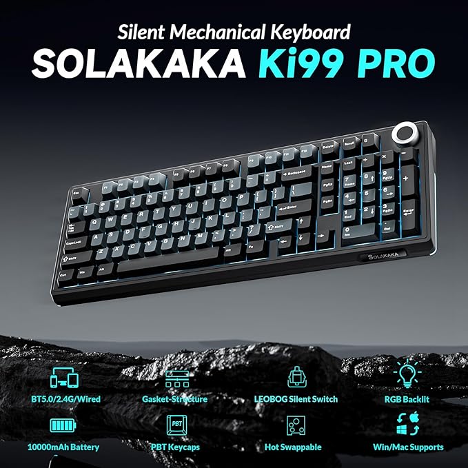 SOLAKAKA KI99 Pro Wireless Mechanical Keyboard Quiet Switch,Hot Swappable Pre-Lubed Switches Silent Keyboard with RGB Backlit,Gasket Structure Computer Gaming Keyboards(BlackBlue, Silent Switch)