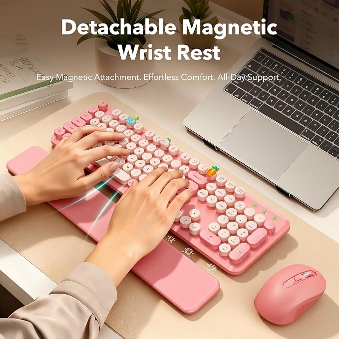 Wireless Keyboard and Mouse Combo, Cute Full-Size Retro Typewriter Keyboard with Round Keycaps, Magnetic Wrist Rest, Tilt Legs, 2.4GHz Cordless for Mac, Windows PC, Laptop, SABLUTE CK23, Baby Pink | Full-Size Retro Typewriter-Style Keyboard, Tilt Legs,...