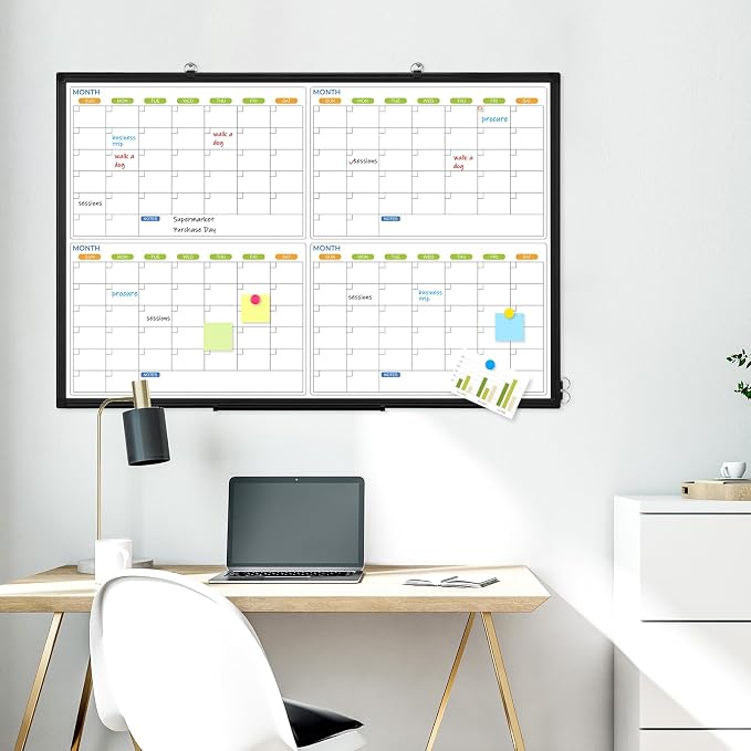 White Board Calendar 36 x 24, 4 Month Wall Whiteboard Dry Erase | Magnetic Whiteboard Calendar Planner, Black Aluminum Frame Dry Erase Board for Office Home and School