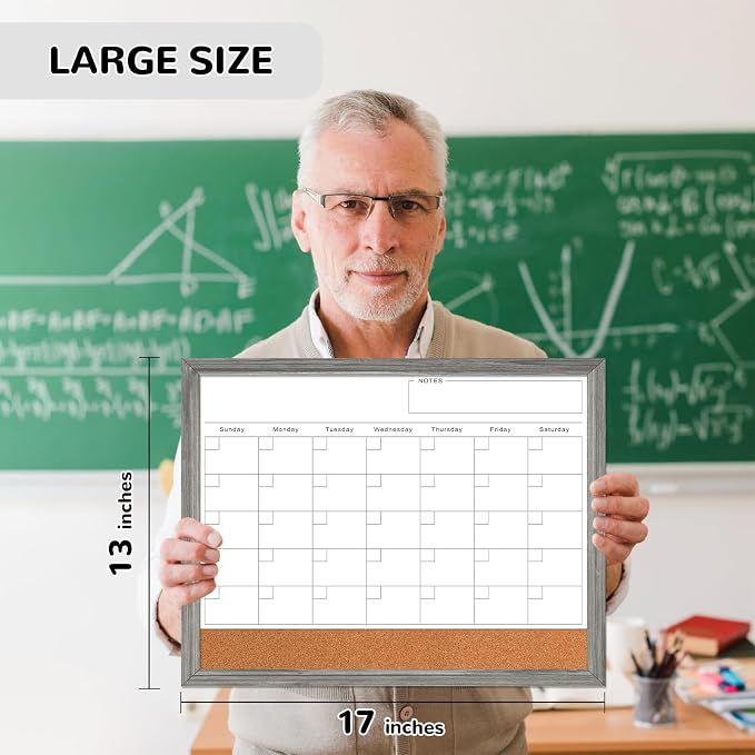 White Board Calendar Dry Erase Board for Wall, Magnetic WhiteBoard, 17"x13" | Hanging Board, Grey Wood Frame White Board and Cork Board Combo, Calendar Bulletin Board for Kitchen Planner Memo Office